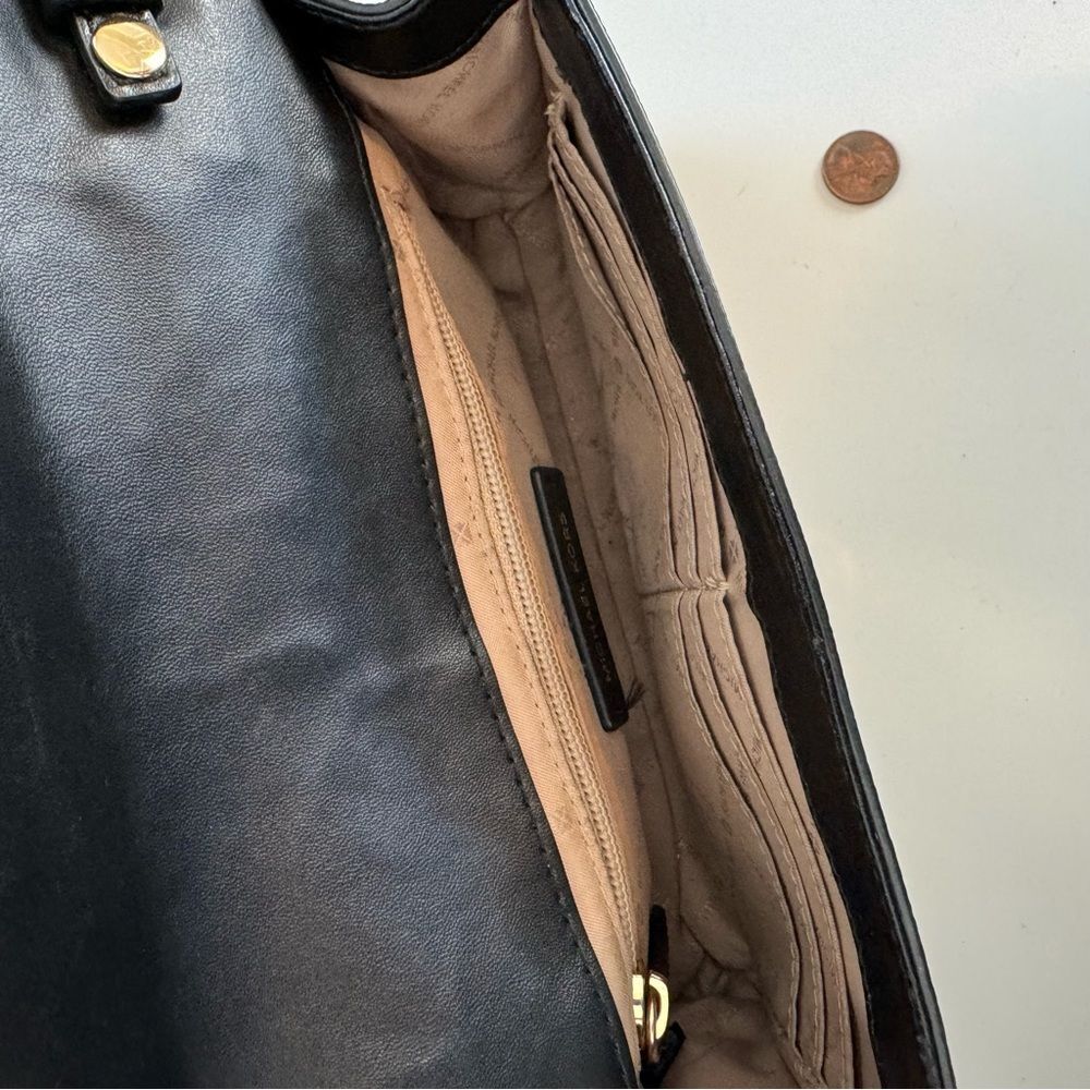 Michael Kors Crossbody Bag Black Brown MK Logo Leather Gold Chain Shoulder Bag - Picture 9 of 11